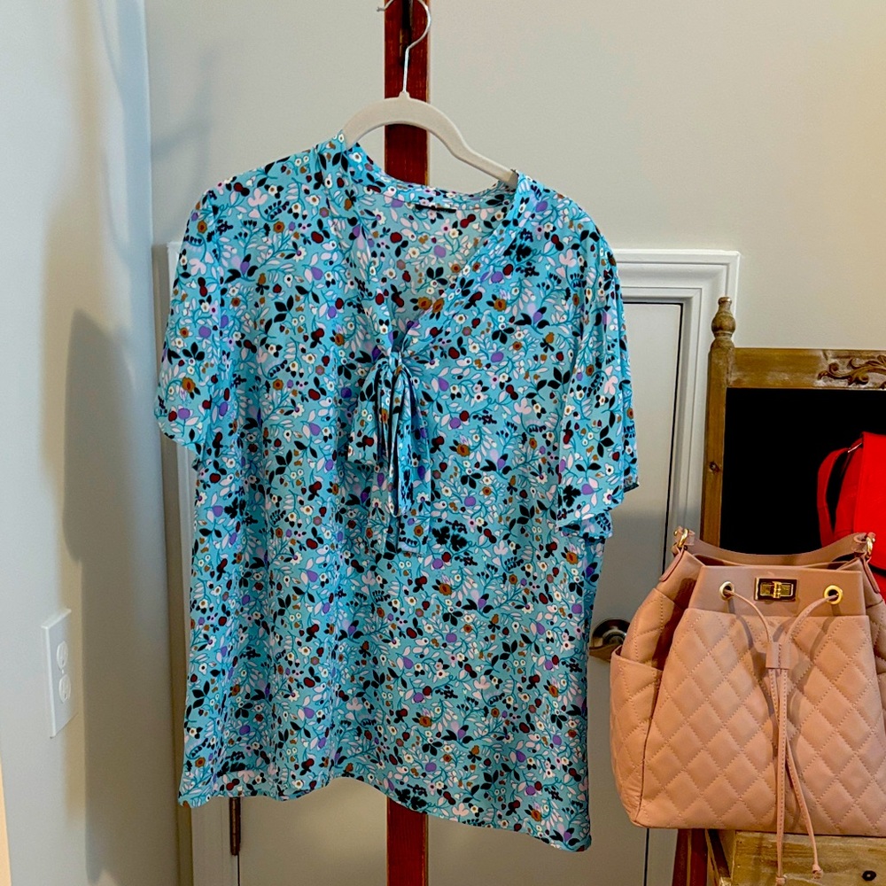Talbots Teal and Black Floral Blouse with Bow Accent